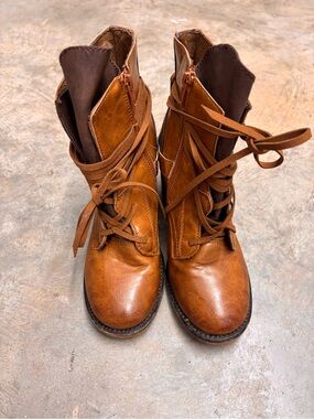 JellyPop Cognac Brown Lace-Up Block Heel Ankle Boots Size 6.5 Steampunk Grunge
